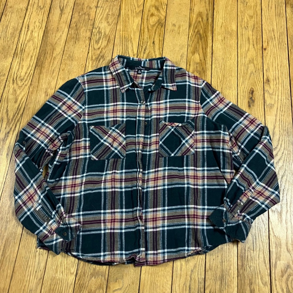 Love Tree Plaid Flannel Shirt‎ XL Green Burgundy Button Down Long Sleeve